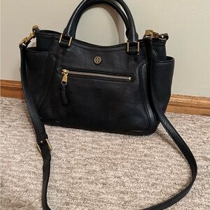 Tory Burch Black Leather Shoulder Bag with Gold Accents